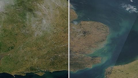 RAKAM PERUBAHAN: Gambar-gambar yang didedahkan oleh Agensi Aeronautik dan Angkasa Lepas (Nasa) menunjukkan perbezaan ketara di tenggara dan timur England yang bertukar daripada hijau kepada coklat dalam masa beberapa hari disebabkan oleh suhu yang me