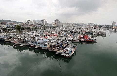 BERLABUH: Bot nelayan berlabuh di pelabuhan untuk berlindung di Pohang sedang taufan Hinnamnor menghampiri Semenanjung Korea. - Foto AFP