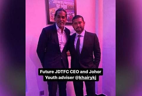 KHAIRY SERTAI JDT?: Tunku Ismail Sultan Ibrahim (kanan) memuat naik di laman Instagram beliau gambar beliau bersama Encik Khairy dengan komen "Bakal CEO JDTFC dan penasihat belia Johor". - Foto HRH CROWN PRINCE OF JOHOR / INSTAGRAM