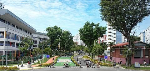 LALUAN INKLUSIF: Lakaran artis tentang rupa Laluan Mesra di Ang Mo Kio Street 31, dengan penanda jalan 3D, permukaan jalan berwarna, laluan pejalan kaki yang lebih luas dan lintasan tanpa halangan. Penduduk juga akan diberi peluang memberi saranan ba