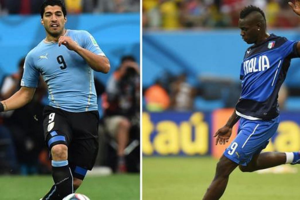 'KUNCI' KEMENANGAN PASUKAN: Penyerang Uruguay, Luis Suarez (kiri), diharap meneruskan kecemerlangan apabila bertemu Italy yang turut mempunyai penyerang kelas dunia, Mario Balotelli (kanan). - Foto AFP