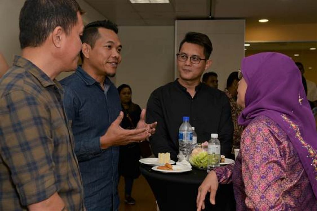 President Halimah at a tea and engagement session with SANA’s clients / ex-offenders. From left: Alvin Chiong, Mustakeem Rais, Jabez Koh.  All three men are leading successful lives.