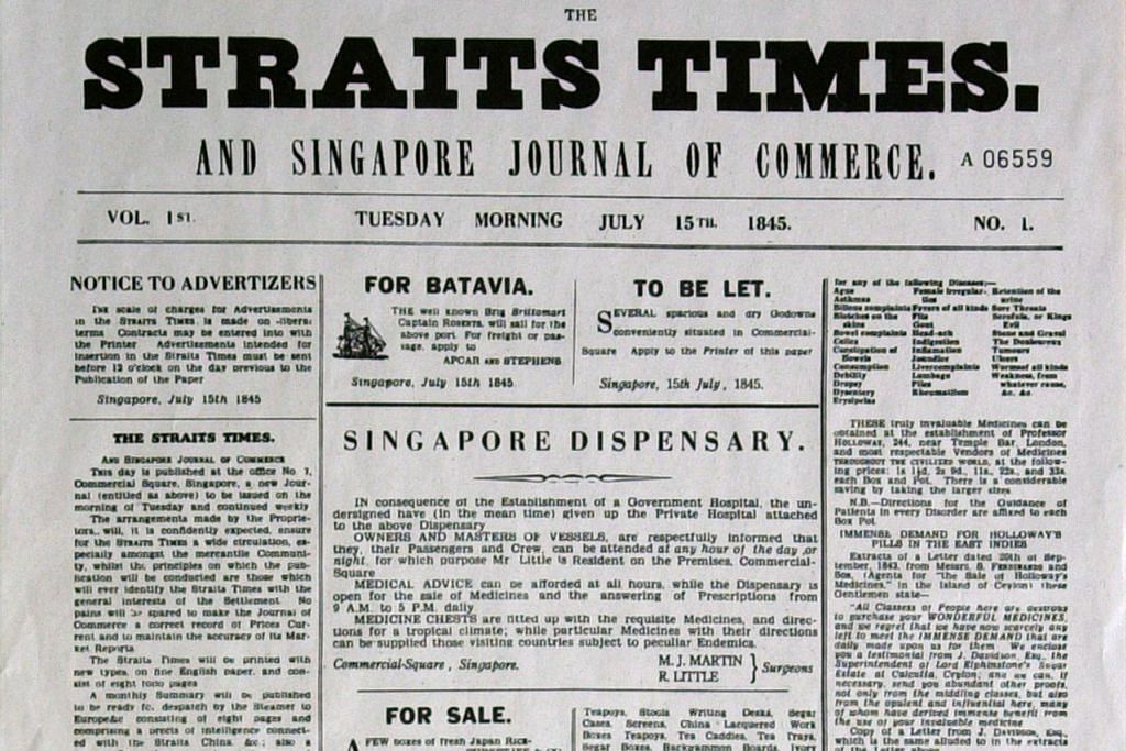 TERBITAN PERTAMA: Edisi pertama Straits Times diterbitkan pada 15 Julai 1845. – Foto fail
