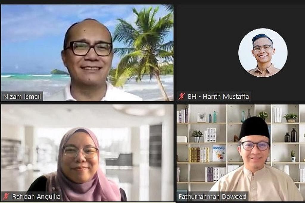 BERBINCANG: Ustaz Fathurrahman Dawoed (bawah kanan), Penganalisis Perisikan di firma Crisis24, Cik Siti Rafidah Mahmodd Angullia (bawah kiri) dan moderator Penolong Editor BH, Encik Mohd Nizam Ismail (kiri). - Foto-foto BM oleh HARITH MUSTAFFA