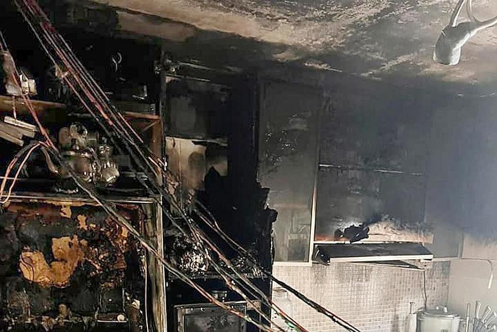 DIJILAT API: Kawasan dapur flat tingkat lima di Blok 310, Jurong East Street 32 hangus dijilat api, dan anggota bomba kelihatan memberi oksigen kepada salah seekor daripada dua ekor kucing yang diselamatkan. - Foto-foto FACEBOOK/ SCDF
