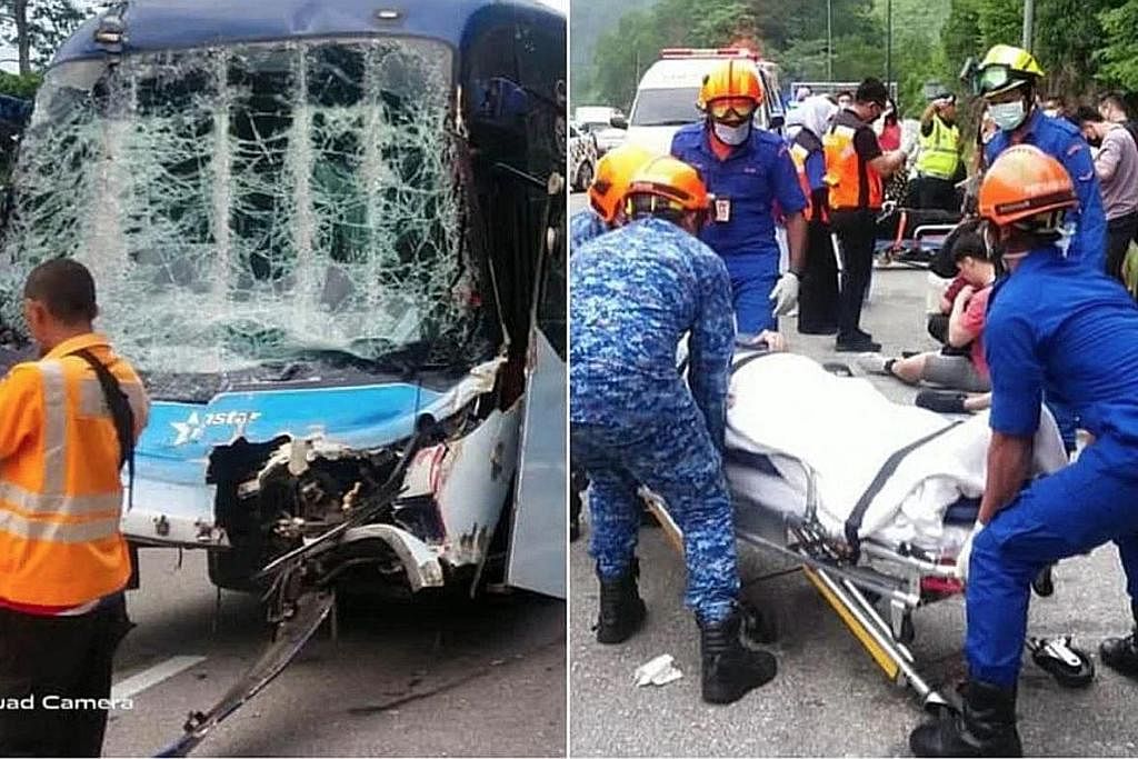 KESAN NAHAS: (Gambar kanan) merakamkan kakitangan ambulans membawa mangsa dari tapak kejadian sementara (gambar kiri) pula keadaan bas selepas nahas. - Foto-foto FACEBOOK ANGKATAN PERTAHANAN AWAM MALAYSIA