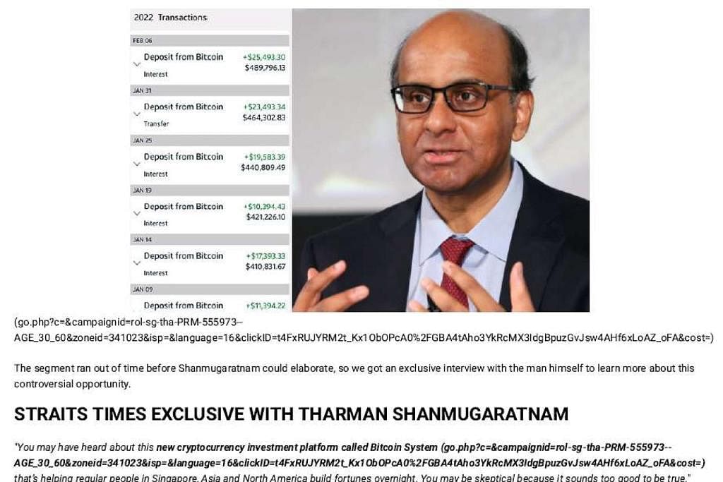 WASPADA: Orang ramai dinasihatkan supaya berwaspada apabila membaca artikel dalam talian yang menggunakan Menteri Kanan Tharman Shanmugaratnam untuk mempromosikan program dagang matawang kripto. - Foto tangkap layar Interne