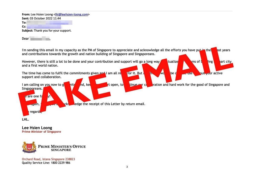 PENIPUAN E-MEL: Penipu telah mencipta e-mel itu supaya ia kelihatan seperti dikirim Pejabat Perdana Menteri. - Foto FACEBOOK LEE HSIEN LOONG