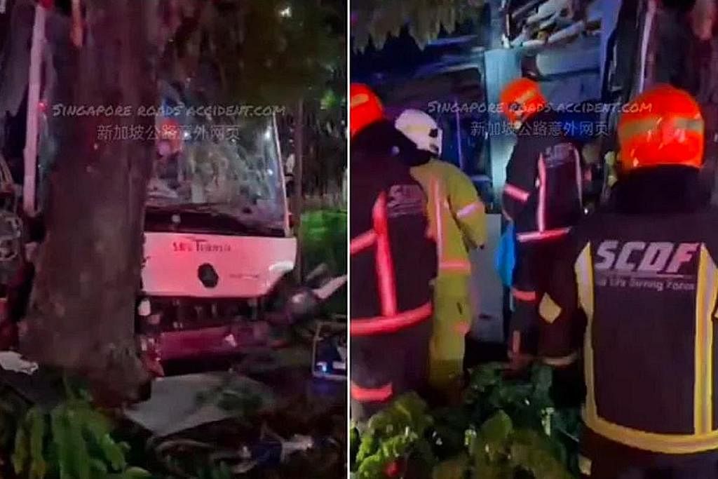 NAHAS: Gambar dan video yang disebar dalam talian menunjukkan bas SBS Transit dengan cermin depan yang pecah selepas ia merempuh pokok. Pemandu bas itu meninggal dunia di tempat kejadian. - FOTO FACEBOOK SINGAPORE ROAD ACCIDENTS.COM