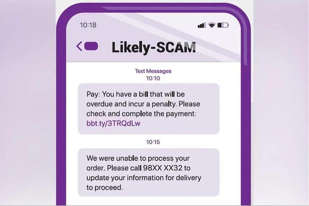 HATI-HATI: Contoh label 'Likely-SCAM' pada SMS yang dihantar pertubuhan tidak mendaftar bersama Daftar ID Pengirim SMS Singapura (SSIR). - Foto IMDA