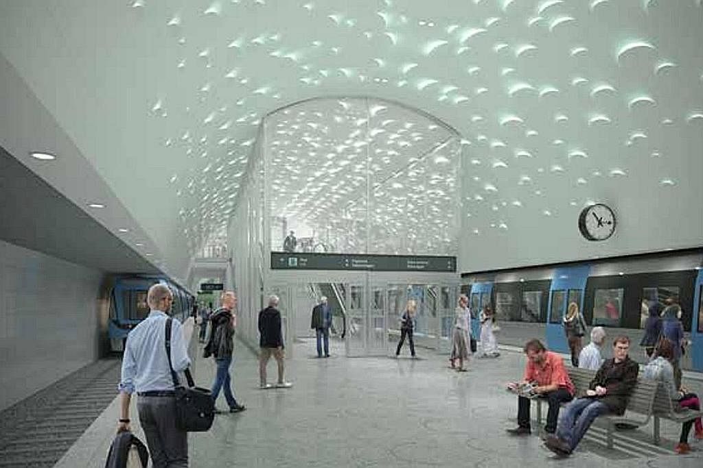 LAKARAN ARTIS: Stesen Hagalund baru dalam rangkaian metro di tengah bandar Stockholm, Sweden yang akan diperluaskan. - Foto PENTADBIRAN PENGEMBANGAN METRO STOCKHOLM